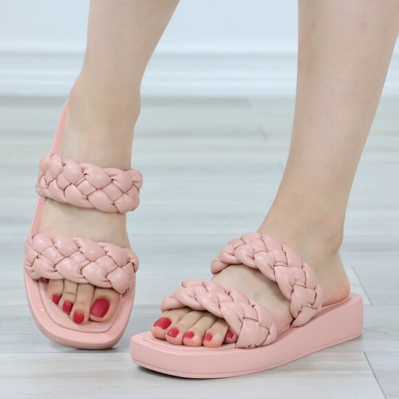 Open Toe Flip Flops Slide Sandal Faux Leather Braided Straps Slipper Slip On - Picture 1 of 13